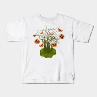 Celebrating halloween spooky season in scary pumpkins garden with flying pumpkin Kids T-Shirt